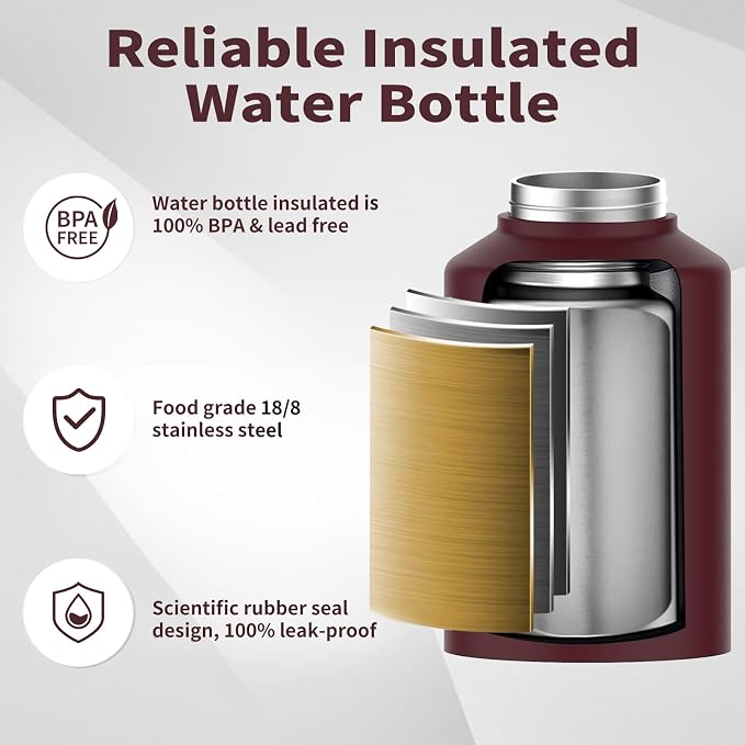 WATERSY Half Gallon Water Bottle Insulated(Cold for 48 Hrs),BPA Free&Leak Proof,64oz Stainless Steel Water Jug/Flask,Big thermo,Large Water Bottle with Handle for Gym,Hiking,Camping,Brick Red