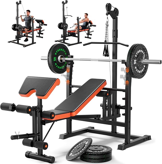Fostoy Olympic Weight Bench with Lat Pulldown, Squat Rack & Leg Curl | Adjustable,Cable Row, Squat Rack, Leg Developer, Preacher Curl, Multi-Angle Backrest, Full Body Strength Training