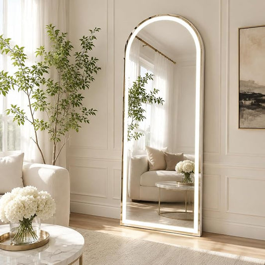 LED Arched Full Length Mirror with Lights 56"x20" | Lighted Floor Mirror with Dimming & 3 Color Lighting Aluminum Frame Standing Leaning or Hanging for Bedroom Cloakroom