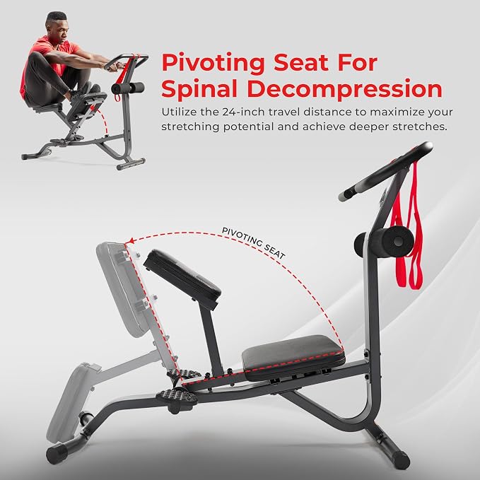 Sunny Health & Fitness Full Body Stretch Machine Back Stretcher Pivot Seat | Pivoting Seat, Multi-Use Handlebar, Padded Back Support, Full-Body Stretching, Flexibility Training, Home Gym Use
