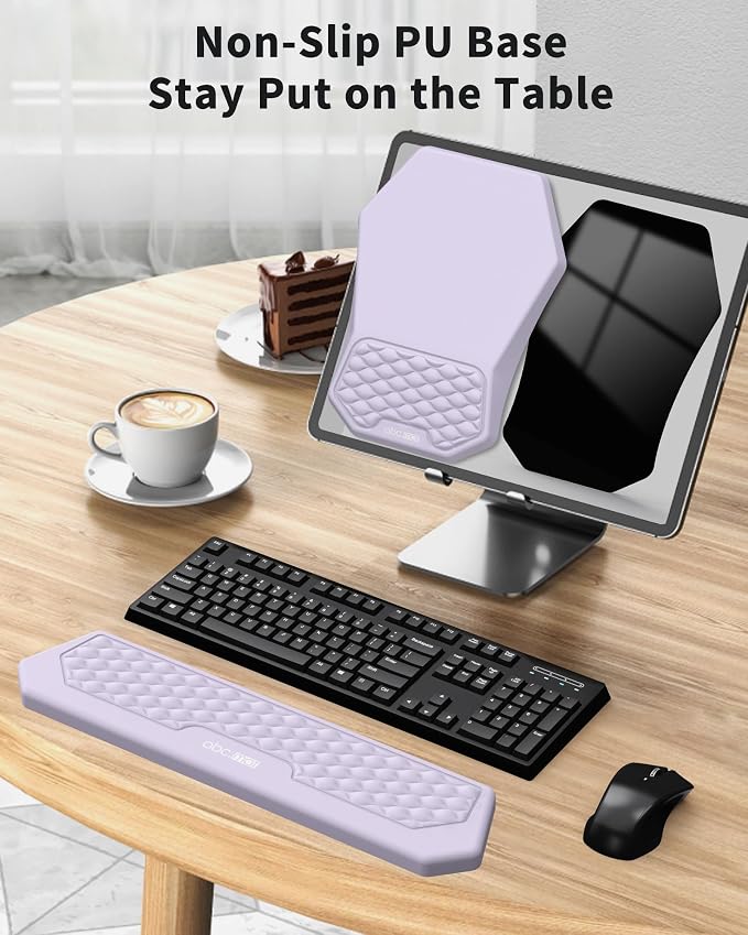 Ergonomic Mouse Pad Wrist Rest and Keyboard Wrist Rest Support Set | Massage Design Mousepad for Carpal Tunnel Pain Relief, Memory Foam, Non-Slip PU Base for Computer Desk, Purple