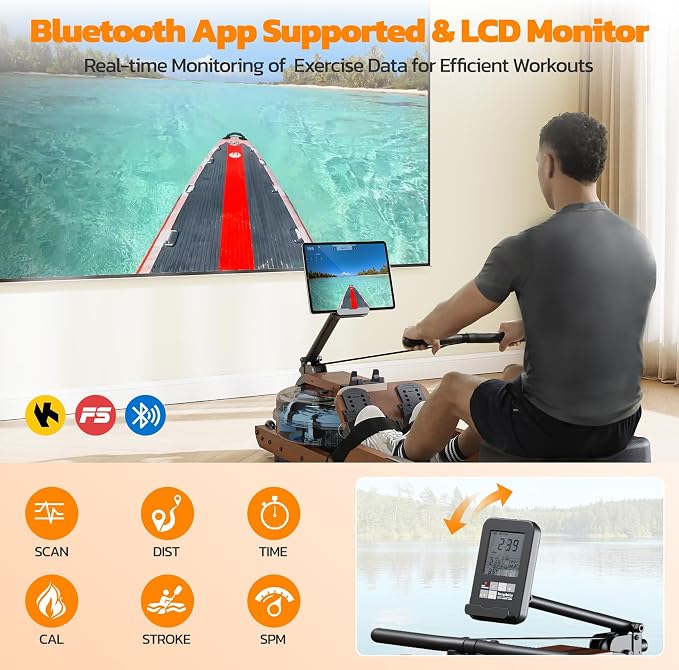 Dripex Rowing Machines for Home Foldable, Water Rowing Machine Max 400 LBS, Rower with Smooth Slide Rail, Comfortable Seat,Bluetooth App Supported,LCD Monitor, Wooden Row Machine for Home Gym Exercise