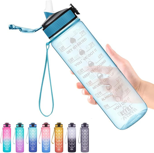 Hyeta Water Bottle with Straw & Time Marker, Plastic 32oz Leakproof | Motivational Tritan BPA Free Gym Office Outdoor Intake Tracker Hourly Reminder Straw Lid Carry Strap