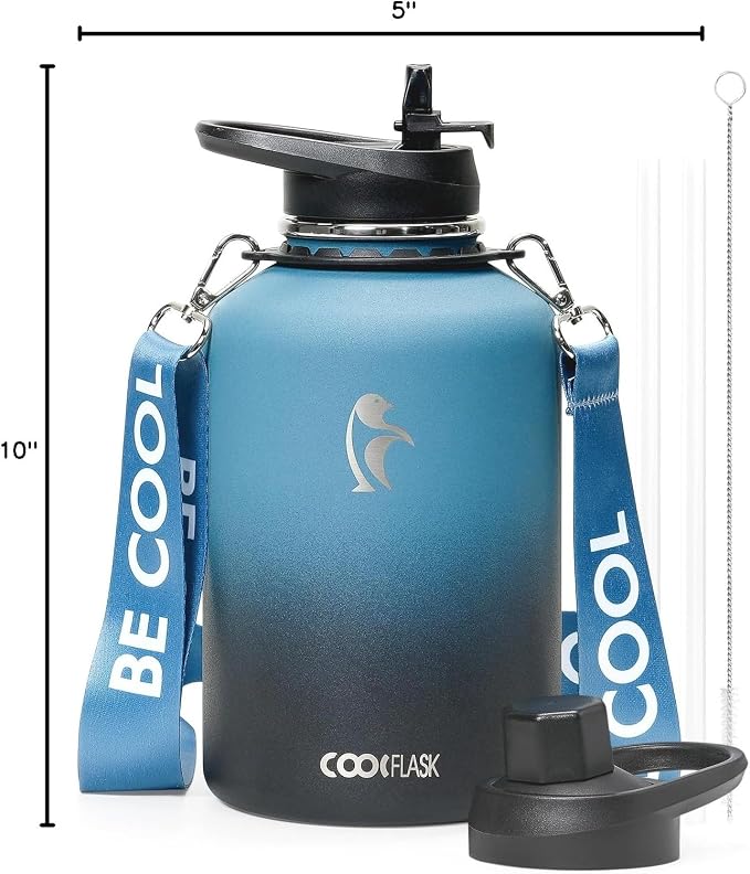 Coolflask Half Gallon Water Bottle Insulated Stainless Steel with Strap | 64 oz Large Water Jug with Straw & Spout Lids,Triple-Wall, Cold 48+h,Dishwasher Safe, Leakproof, BPA-Free,for Gym & Hiking