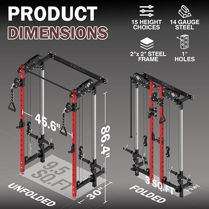Mikolo Folding Squat Rack, Wall Mounted Power Rack with Cable Crossover Machine & LAT Pull Down, Functional Trainer with 5 Adjustable Function Modes, Home Gym Package