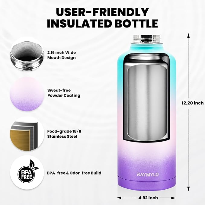 RAYMYLO Insulated Water Bottle 87 oz, Triple Wall Vacuum Stainless Steel | Cold for 48 Hrs), Leak Proof & Non-BPA, Modern Water Flask Jug with Paracord Handle & Straw Spout Lids, Hydrangea