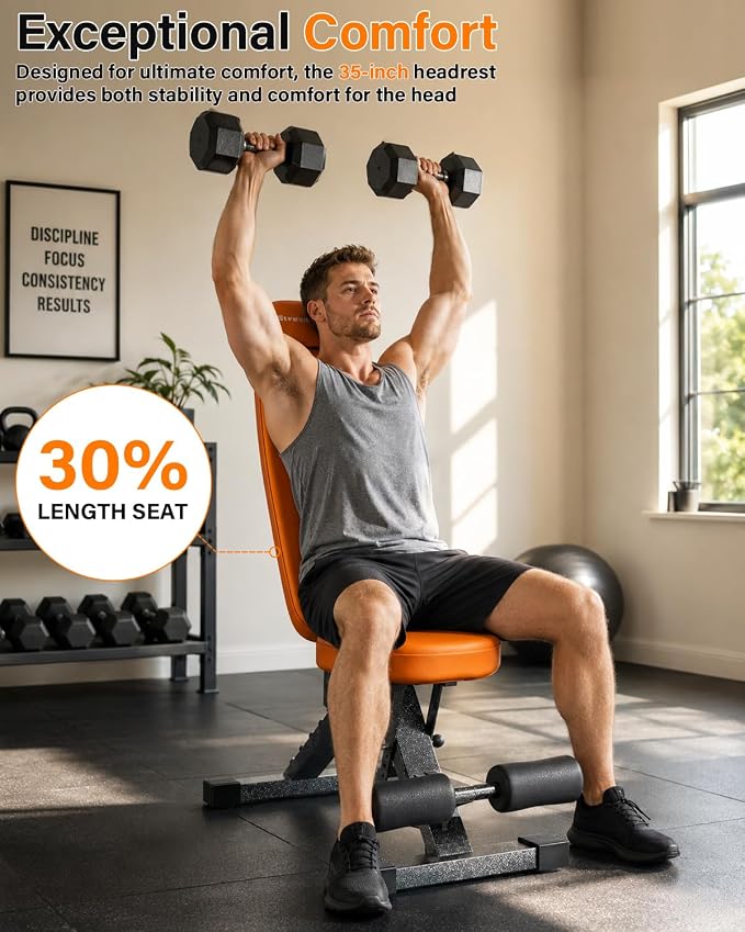 Fitness Bench, Adjustable, Comfortable, Fashionable, Foldable and Extended Headrest with 192 Positions Incline Decline 900LBS Home Gym Bench for Strength Training