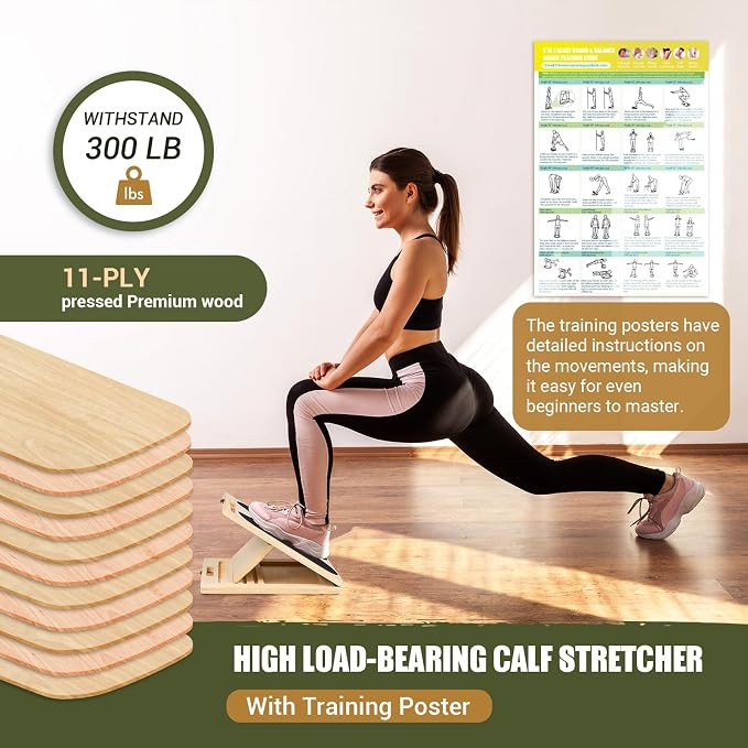Slant Board Calf Stretching, 300 LBS Capacity Portable Wooden Incline Board | Training Poster, 5 Adjustable Angles, Non-Slip Calf Mobility Board for Legs, Ankles, Knees, Heels, Physical Therapy & Squats