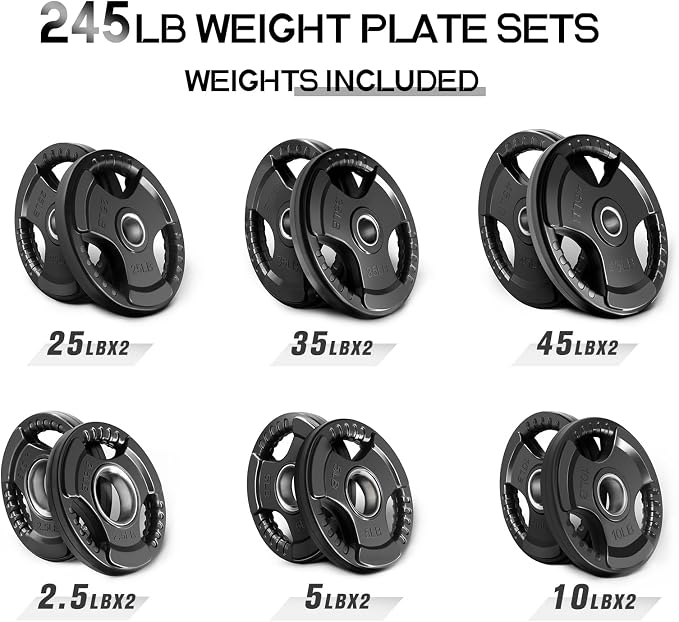 RitFit Olympic Rubber Grip Weight Plates, 2-Inch Barbell Set | Solid Iron Core, Rubber Coated, 2-Inch Olympic Bar Compatible, 3-Hole Grip, 2.5LB to 45LB Weight Options