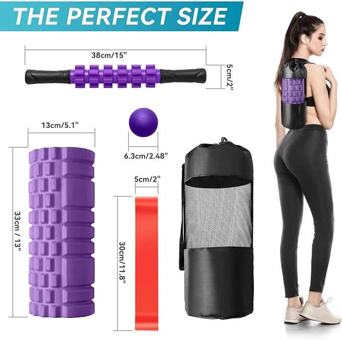 Krightlink 5 in 1 Foam Roller Set High Density Deep Tissue Massager | Trigger Point Massage Roller for Muscle Massage, Massage Ball, Resistance Band for Whole Body Physical Therapy Purple