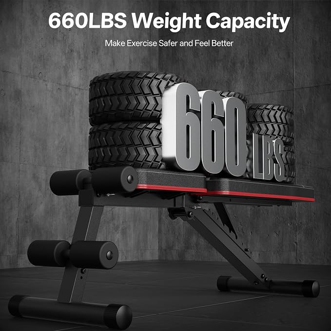 PASYOU Adjustable Weight Bench, Foldable, Incline Decline Flat, Bench Press with 660LBS, 95% Pre-Assembled, Compact Workout Bench Full Body Strength Training Bench for Home Gym, Wider Seat