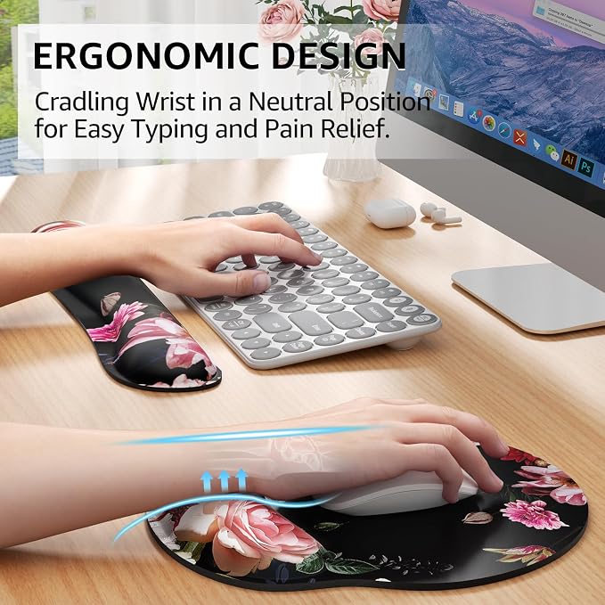 KTRIO Keyboard Wrist Rest & Mouse Pad with Wrist Rest, Peony Flower | Memory Foam Wrist Support, Ergonomic Design, Non-Slip Base, Office and Home Use