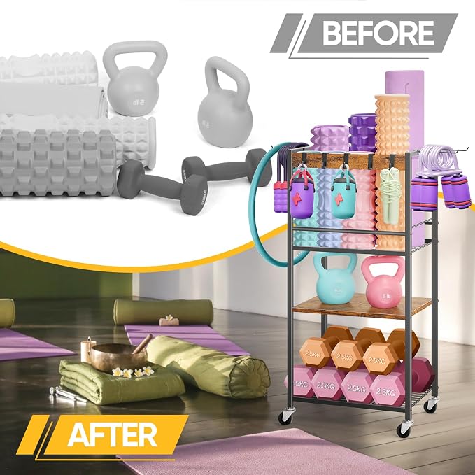 Home Gym Storage Rack, Heavy Duty Yoga Mat Holder Workout Equipment Storage Organizer Weight Rack with Hooks & Wheels for Dumbbells Kettlebells Dumbbell Yoga Block Foam Rollers Yoga Strap Resistance Bands, Fitness Exercise Equipment
