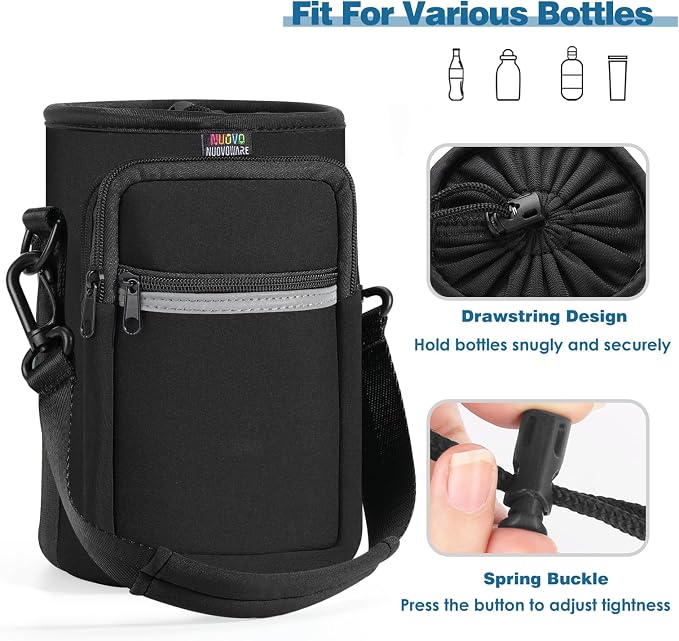 Nuovoware Water Bottle Carrier Bag, 64oz Bottle Pouch Holder, Adjustable Shoulder Hand Strap 2 Pocket Sling Neoprene Sleeve Sports Accessories for Hiking Travelling Camping, BlackCoal