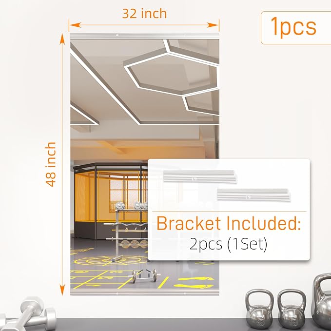 pertetey Home Gym Mirror, 48X32 Inch(1Pack) Large Frameless Tempered Glass Full Body Wall Mounted Mirror for Gym, Yoga, Exercise, Dance Studio