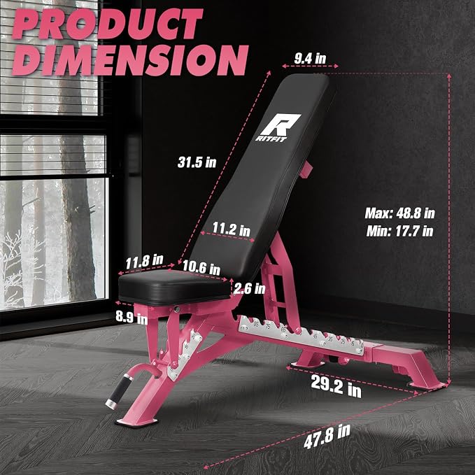RITFIT Adjustable Weight Bench, Incline Decline Flat, 1300LB Capacity | Full Body Workout Bench for Home Gym Strength Training, 10 Backrest Positions, 3 Seat Angles, Heavy Duty Steel Frame