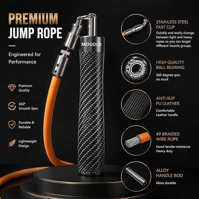 Weighted Jump Rope for Men Women -Interchangeable 1/5lb 1/4lb 1/2lb Heavy jump ropes - 360 Degree Spin - Length Adjustable,Ergonomics Leather Grip Skipping Rope for Fitness Weight Loss & More