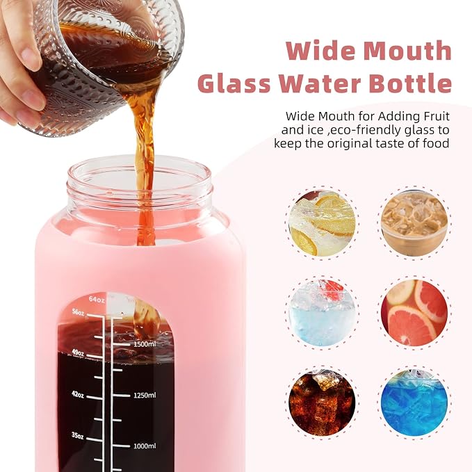 52 oz Glass Water Bottle with 2-in-1 Straw Lid Large Half Gallon Water Bottle with Time Marker & Removable Silicone Sleeve,Wide Mouth BPA-Free Borosilicate Bottle for Gym, Workout & Daily Use