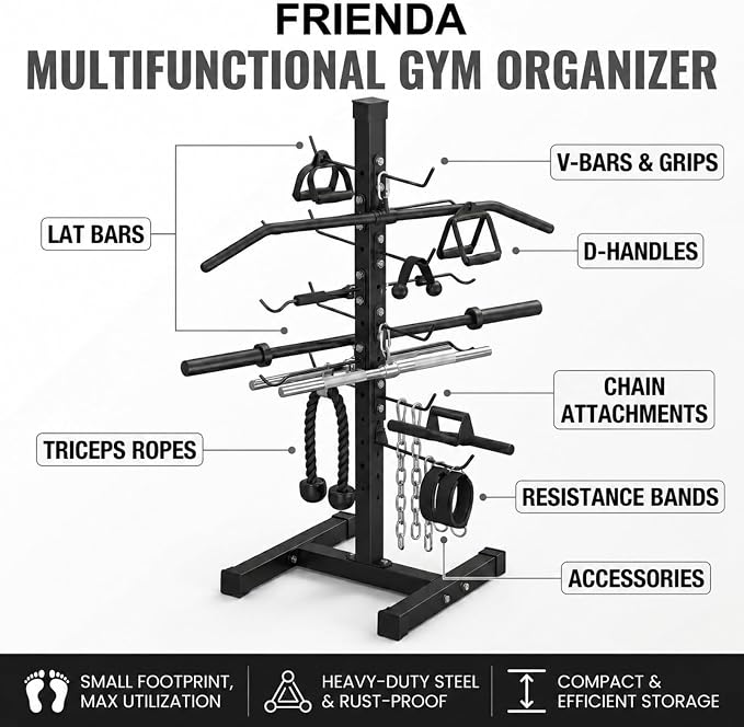 Frienda Steel Lat Bar Organizer, Home Gym Accessories, Lat Pulldown Attachments Cable Attachment Storage Rack Cable Attachments for Gym Rack Storage Heavy Duty Steel Organizer Home Use