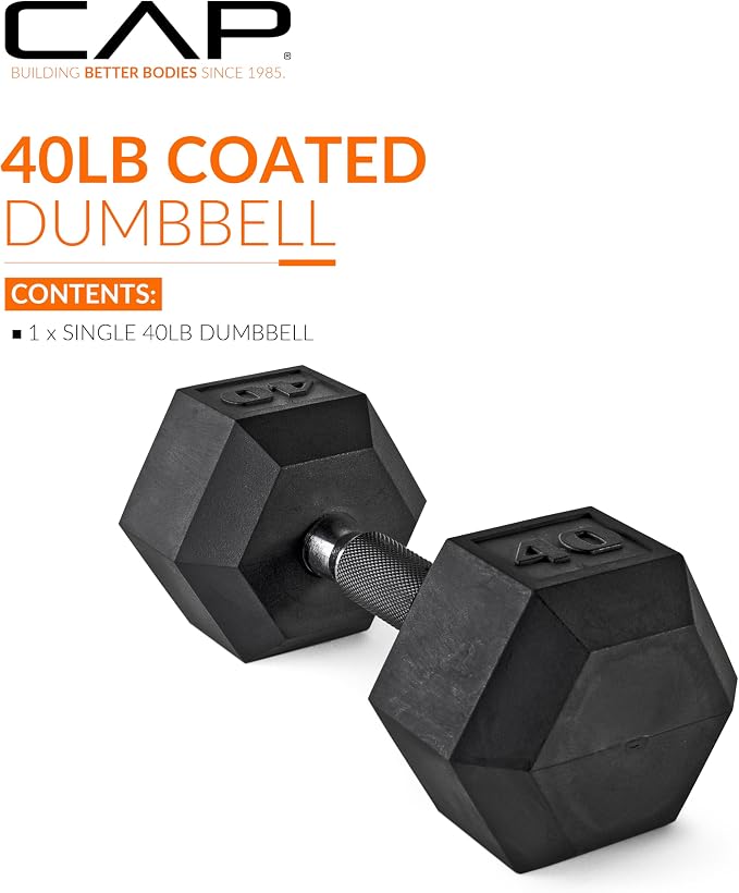 CAP Rubber Coated Dumbbell Weights, Free Weights for Home Gym Strength Training, Anti-Roll Hex Dumbbells with Black, Chrome & Comfort Grip Handles, Singles