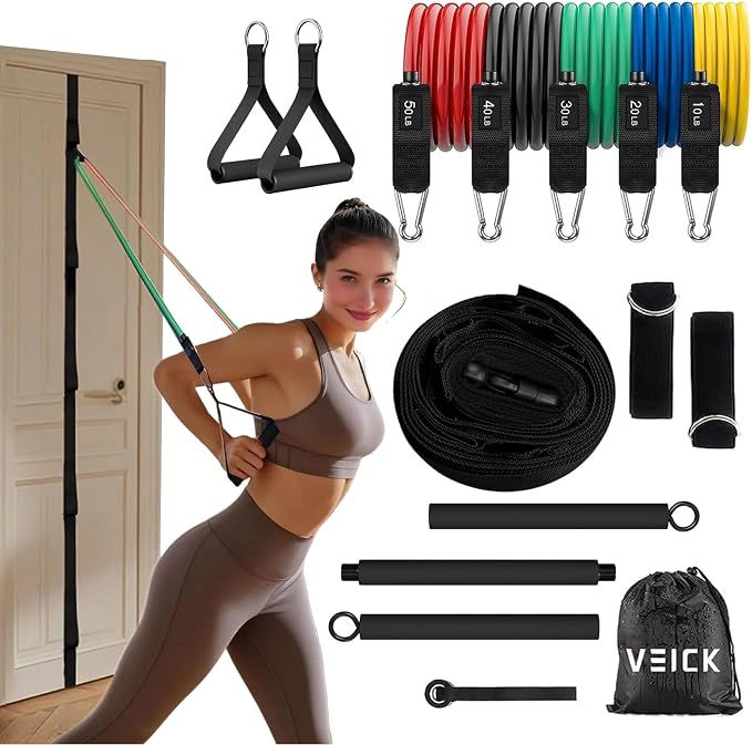 VEICK 10-150LBS Resistance Bands with Handles, Ankle Straps, Door Anchor | Accredited Lab Certified, 100% Natural Latex, Versatile for Yoga, Pilates, Strength, Home Gym