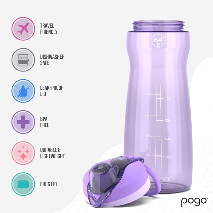 Pogo 64oz Plastic Water Bottle with Chug Lid and Carry Loop, Lilac | Leakproof water bottle with chug lid and capacity markings. BPA-free, great for travel, school, outdoors, and gym.