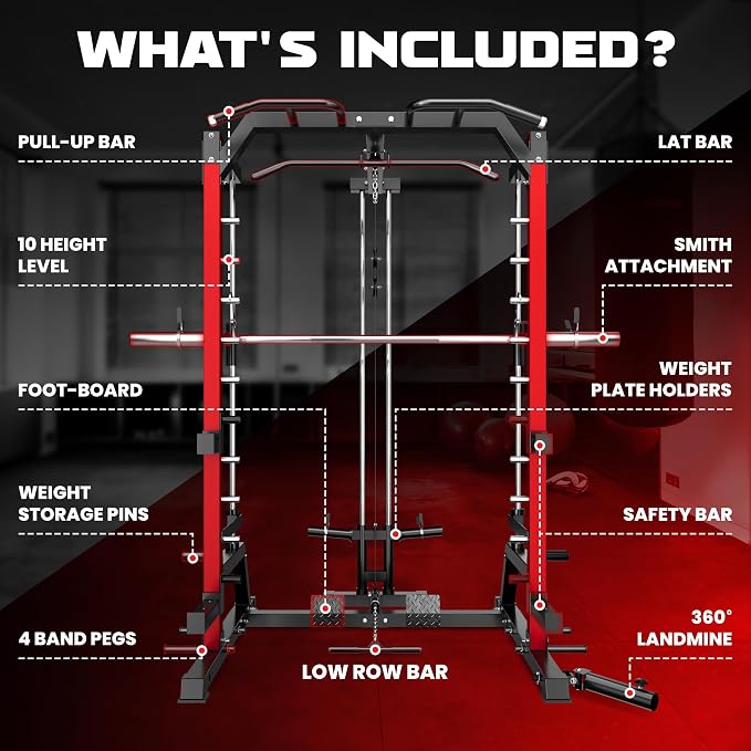 SR01 Smith Machine, 2000LBS Multi-Function Power Cage with LAT Pulldown System, All-in-One Home Gym Squat Rack with Smith Bar and Training Attachments for Full Body Workouts