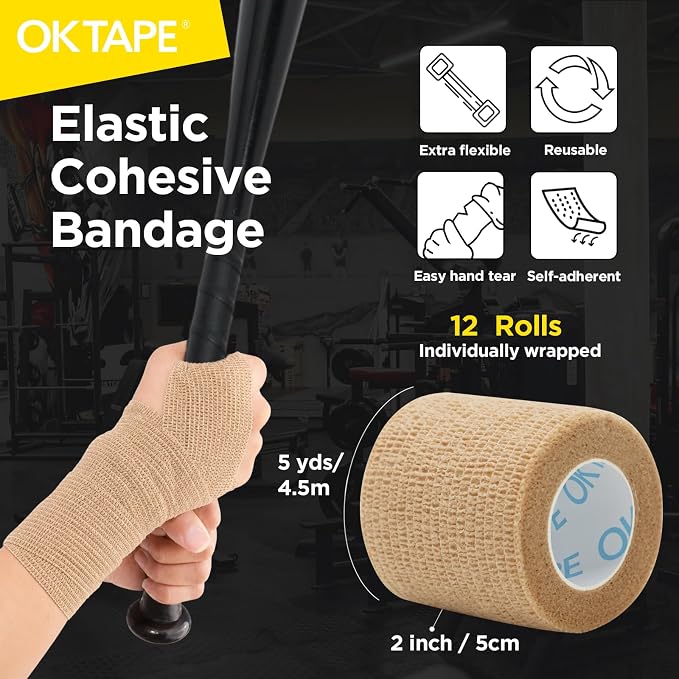 OK TAPE 12 Rolls Self Adhesive Bandage Wrap, Cohesive Elastic Athletic Tape | Vet Wrap, Sports Tape, Medical Wrap for Wrist, Feet, Self Stick Bandage Tape, 2" x 5 Yards - Beige