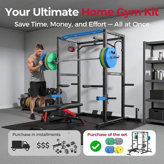 SPORTSROYALS Power Rack, Multi-Functional Power Cage, Squat Rack with Pulley System & LAT Pull Down, Workout Cage with J Hooks for Home Gym