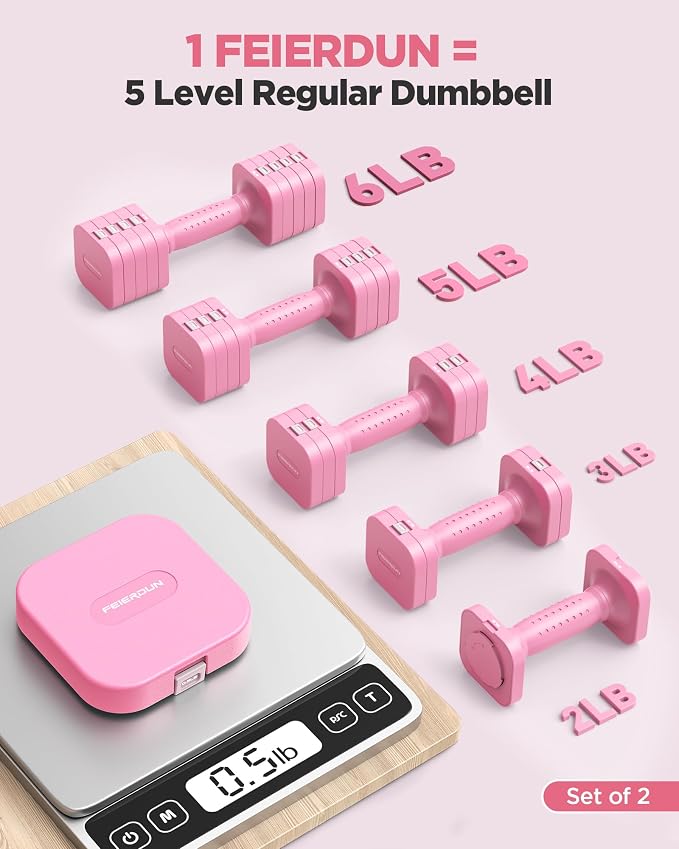FEIERDUN DB3 5-in-1 Adjustable Dumbbell Set, 6LB/10LB Pair Adjustable Weights for Women at Home, Dual Locking Stable Hand Weights with TPU Soft Handle, Home Gym, Rehab, Pilates, Yoga, Strength Training