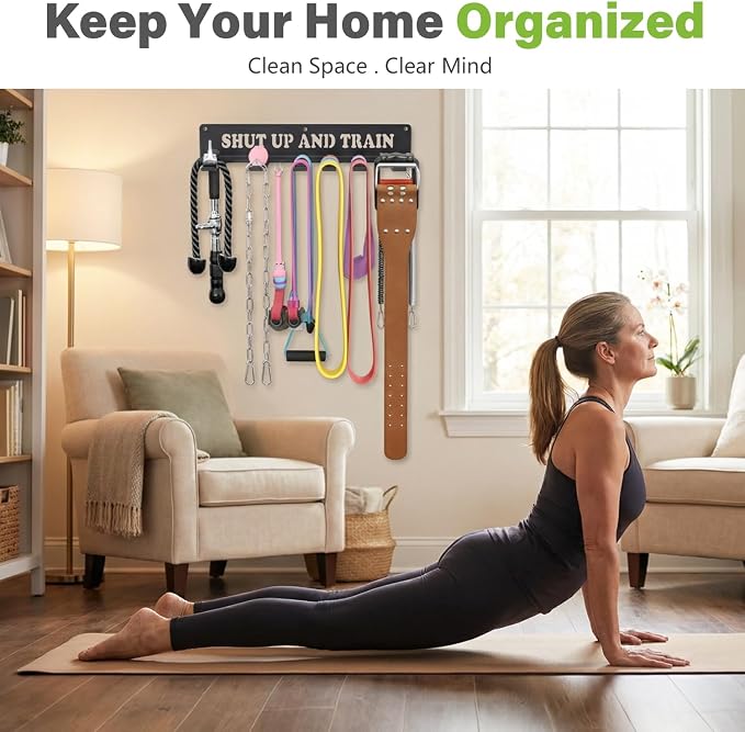 Home Gym Accessories Organization Storage Rack Equipment For Home 8 Hook Wall Hanger Display Gear Barbells Resistance Bands Jump Ropes Lifting Belt Hanger Accessories Hardware Included