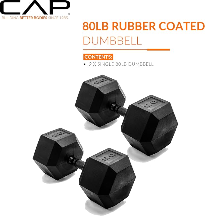 CAP Rubber Coated Dumbbell Weights, Free Weights for Home Gym Strength Training, Anti-Roll Hex Dumbbells with Black, Chrome & Comfort Grip Handles, Pairs & Sets