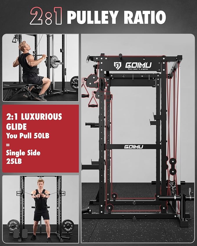 RH01 Power Cage Rack, 2000LBS Squat Rack with with Cable Crossover System&LAT Pull Down System, Multi-Function Workout Cage for Home&Garage Gym