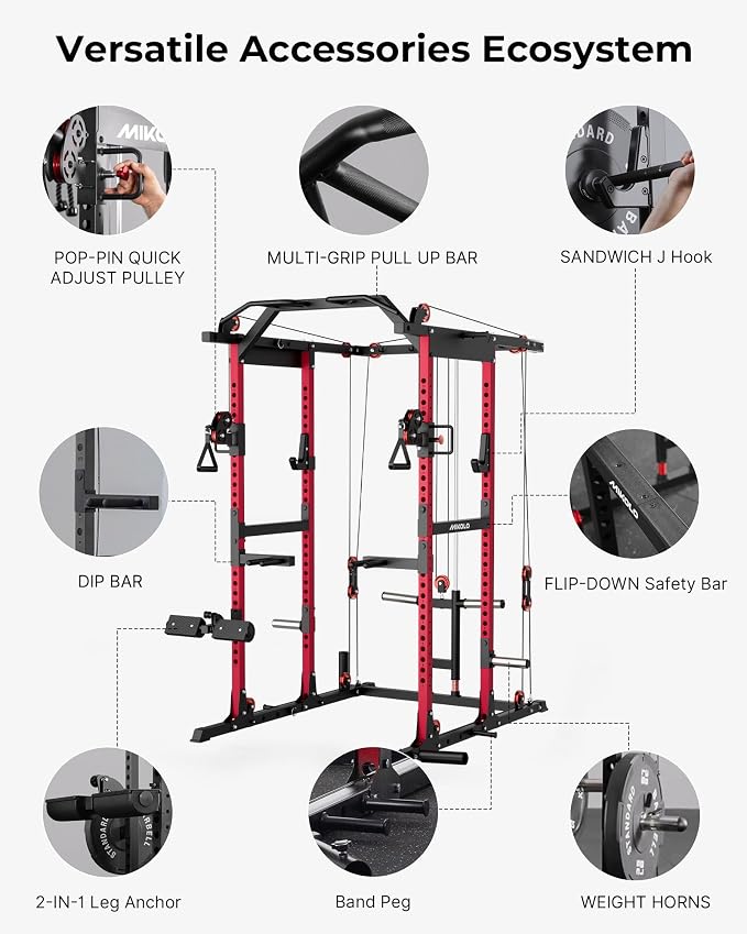 Mikolo K6 2.0 Power Cage, Power Rack with Cable Crossover System, 2000LBS Squat Rack with LAT Pull Down System, Functional Trainer with Aluminum Pulley System for Home Gym