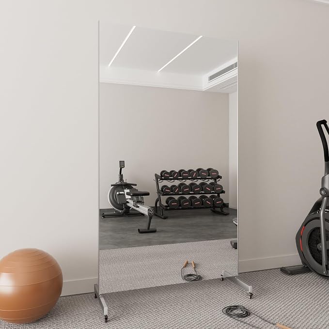 Home Gym Mirror 360° Swivel on Wheels, 67" X 40" Extra Large Full Body Rolling for Yoga, Nano Film Super Lightweight Unbreakable Full Length Mirror, Black, 9.5 lbs