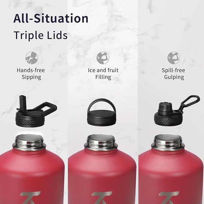 Trebo One Gallon Water Bottle Insulated with 3 Lids, Paracord Handle & Bag | 128 oz Large Stainless Steel Water Jug, Triple Wall Vacuum Copper Plated, Dishwasher Safe, Keeps Cold 48 Hrs for Hiking, Gym