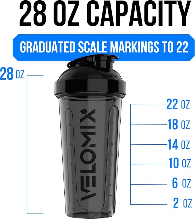 VELOMIX 2 Pack 28oz Protein Shaker Bottle, Black/Turquoise | 2x Wire Whisk, Leak Proof Shaker Cups for Protein Shakes, Stackable, Dishwasher safe, BPA free, Pre Workout and Fitness ready