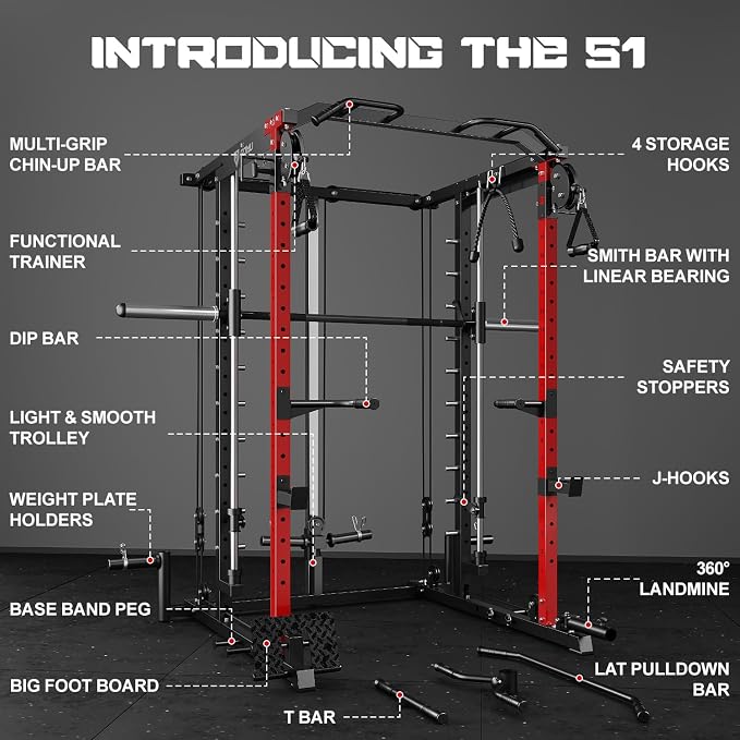 S1-V4 Smith Machine, 2000LBS Power Cage with Cable Crossover System, All-in-One Squat Rack with Smith Bar, Strength Training Equipment for Home Gym