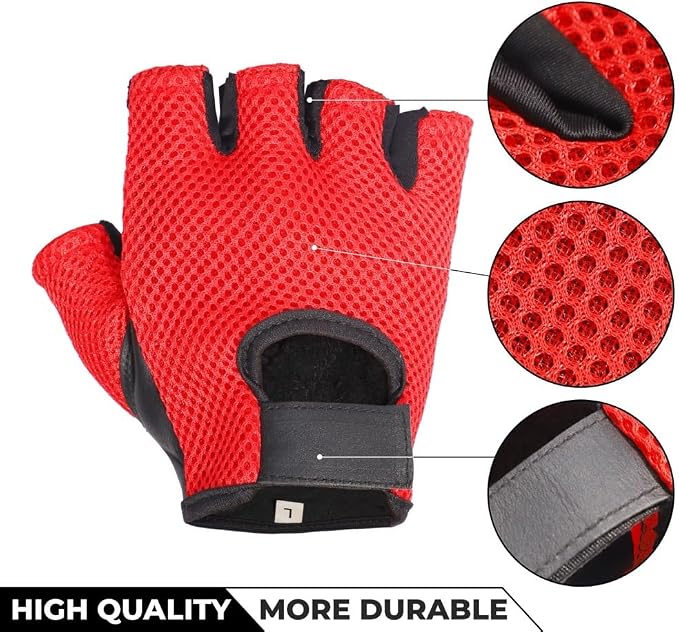 Leather MESH Fingerless Weight Lifting Exercise Gym Wheelchair Gloves Black/RED WLG-021