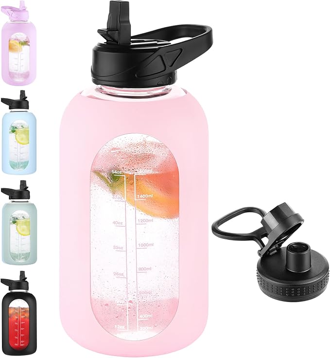 EALGRO 64 oz Glass Water Bottle with Straw, Large Half Gallon Water Jug | Sports Motivational Water Bottle with Time Marker and Silicone Sleeve, Flask Cup with Handle for Travel, Gym, School, Blush