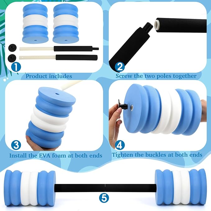 Soulchen Long Aquatic Exercise Dumbbells Pool Exercise Foam Water Weights Dumbbell Aquatic Pool Barbells with High Density EVA Foam for Swim Water Aerobics Workouts Loss