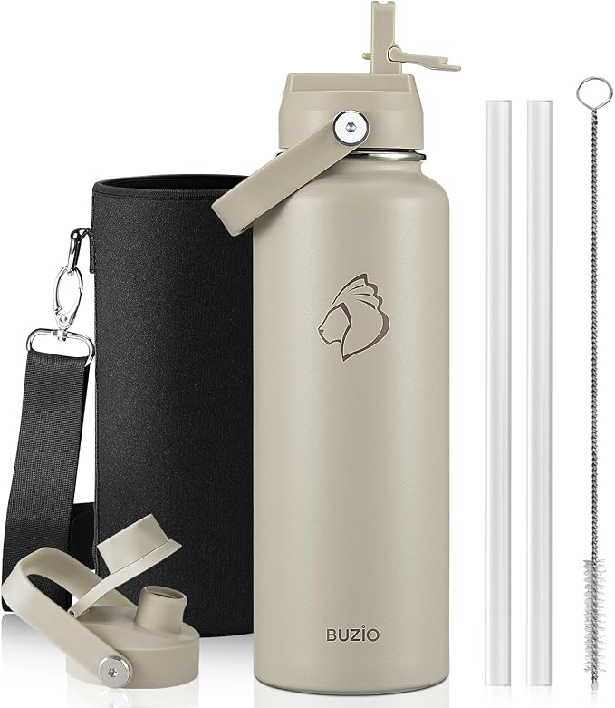BUZIO Triple Wall Vacuum Water Bottle with Dust-proof Straw & Spout Lids | 40 oz Insulated Stainless Steel Water Flask (Cold for 48 Hrs/Hot for 24 Hrs), Dishwasher Safe, Leakproof, Non-BPA, for Hiking