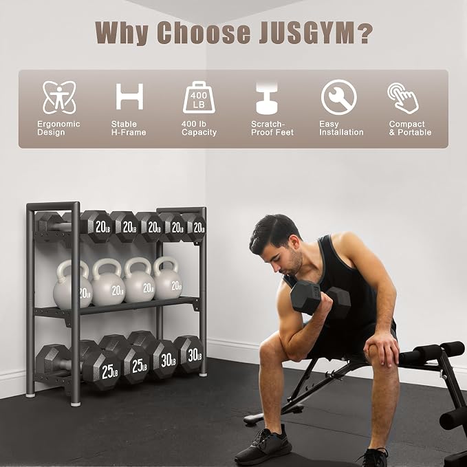Jusgym Dumbbell Rack, 400LBS Load, Adjustable Weight Rack for Dumbbells ﻿ | Space-Saving Home Gym Storage, Adjustable Width, 2 Placement Options, Steel H-Frame, No-Pinching,Quick Assembly