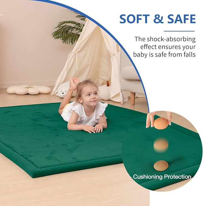 Baby Play Mat for Floor,1.3" Thick Memory foam Tummy Time Mat for Toddlers,Infants,kids,Water-Repellent Soft Nursery Rug,Extra Large Non Slip for Crawling&Yoga,Tatami Style for Living Room(Dark Green)