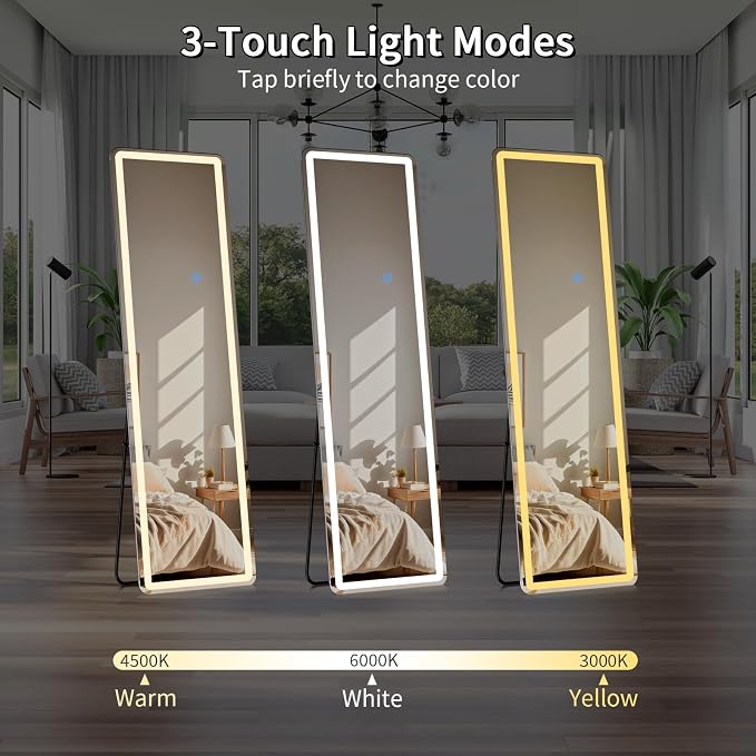 Koonmi LED Full Length Mirror, 63"x20" Full Length Mirror with Lights, Lighted Floor Mirrors with Stand, Full Body Mirrors with Dimming & 3 Color Lightingfor Living Room Cloakroom, White