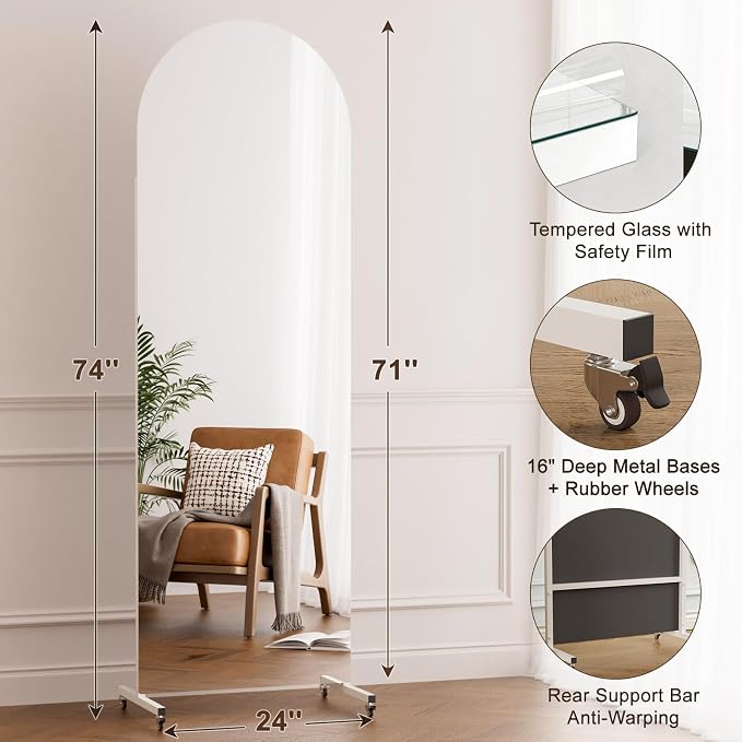 71” x 24” Arched Full Length Floor Mirror, Lockable Wheels for Easy Moving & No Wobble, Shatter‑Resistant Glass for Worry‑Free Practice, Ideal for Home Dance, Yoga & Gym, White Metal Frame