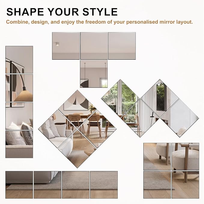 VASUHOME Glass Full Length Wall Mirror Tiles - [12 x10 Inch - 12PCS] HD Gym Mirrors for Home Gym, Full Body Long Mirror for Bedroom, Living Room, Door, Closet
