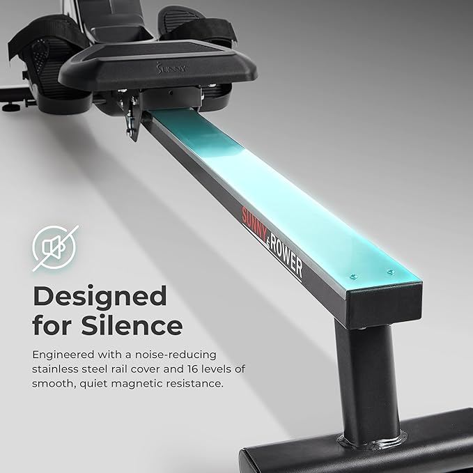 Sunny Health & Fitness Smart Flippable Magnetic Rower, 50 Inches Quiet & Smooth Stainless Steel Slide Rail, Full-Body Low-Impact Exercise Rowing Machine For Home, Free SunnyFit Training APP Connection