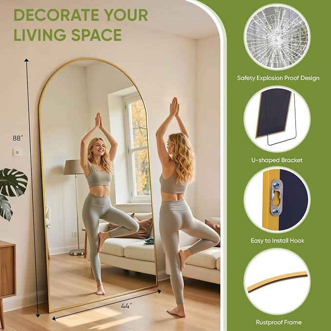 Full Length Mirror 88" L x 44" Full Body Standing Mirror for Bedroom, Living Room, Gym, Dorm - Shatter-Resistant & Easy Assembly, Arched Style Gold