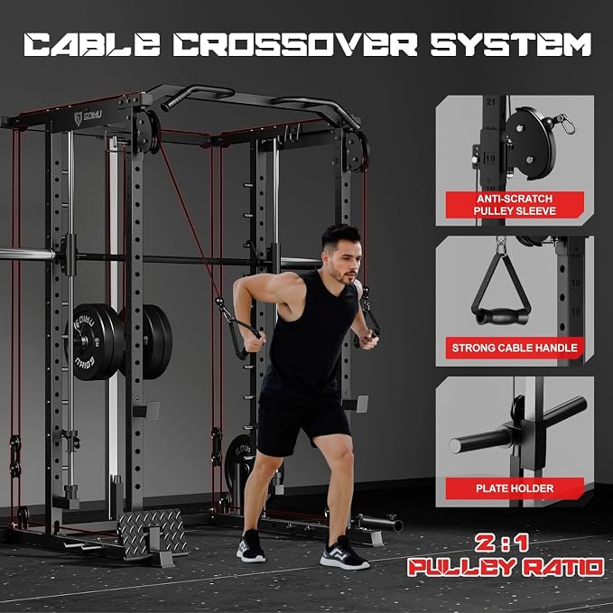 S1-V4 Smith Machine, 2000LBS Power Cage with Cable Crossover System, All-in-One Squat Rack with Smith Bar, Strength Training Equipment for Home Gym